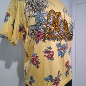 Rare Yellow 80's Vintage HERMES T-Shirt with Leopard Lovers & Bright Flowers
